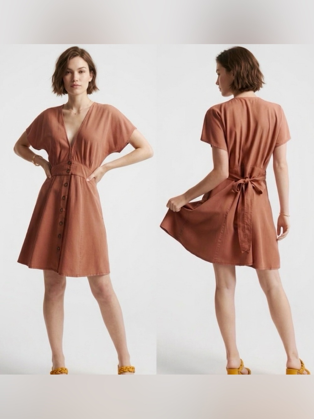 Quince - women’s vintage wash Tencel button front mini dress terracotta size L